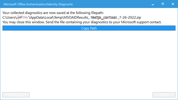 Screenshot of the Microsoft Office Authentication/Identity Diagnostic window that lists the filepath to which the collected diagnostics are saved.