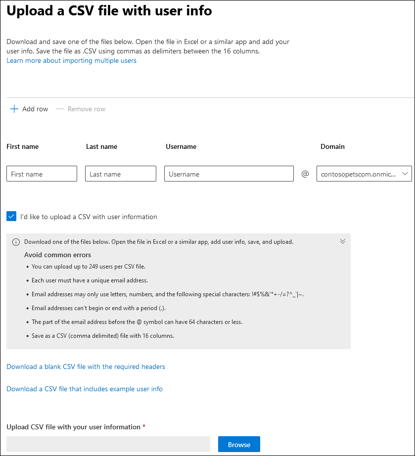 Screenshot: Options to add users one at a time or use a CSV file.