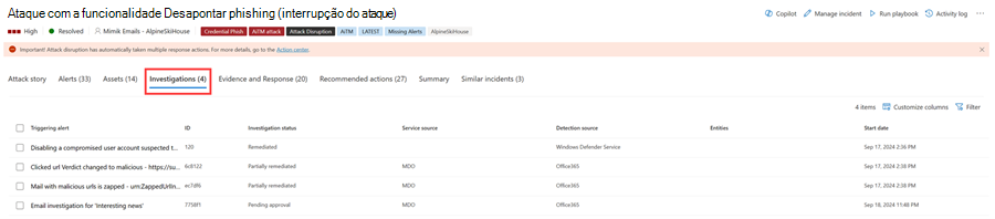A página Investigações de um incidente no portal do Microsoft Defender