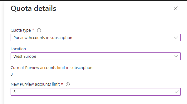 Captura de ecrã a mostrar como introduzir o montante de quota para contas do Microsoft Purview por subscrição