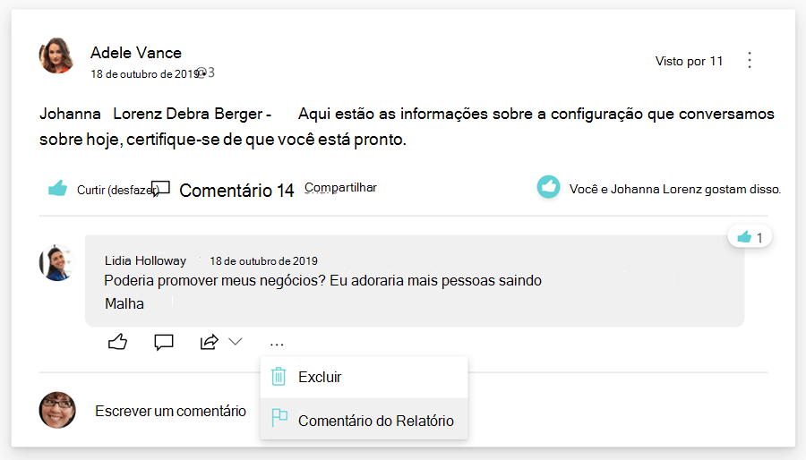 Captura de ecrã a mostrar relatórios de utilizadores para comentários.