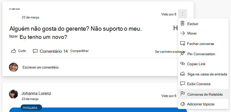 Captura de ecrã a mostrar os relatórios dos utilizadores para iniciar a conversação.