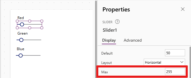 Screenshot that shows the sliders and labels arrangement, including the Max property set to 255.