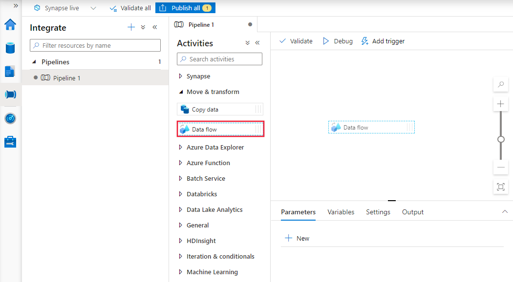 Shows a screenshot of how to add an empty data flow to a pipeline directly.