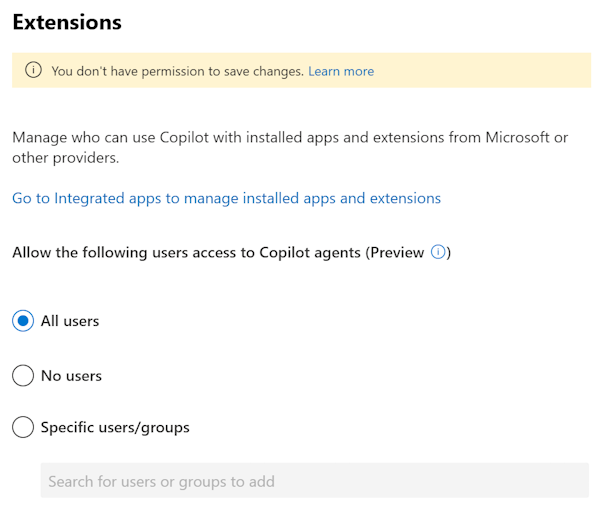 Screenshot that lets you allow or block users from using Microsoft 365 Copilot extensions and agents in the Microsoft 365 admin center.