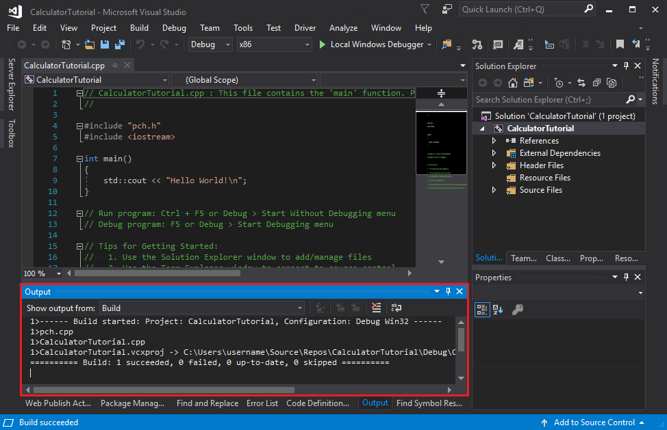 Screenshot of the Visual Studio Output window showing that the build was successful.