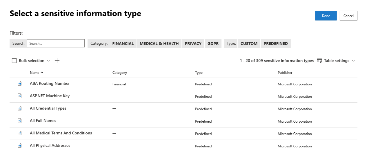 Choose data classification service inspection type.