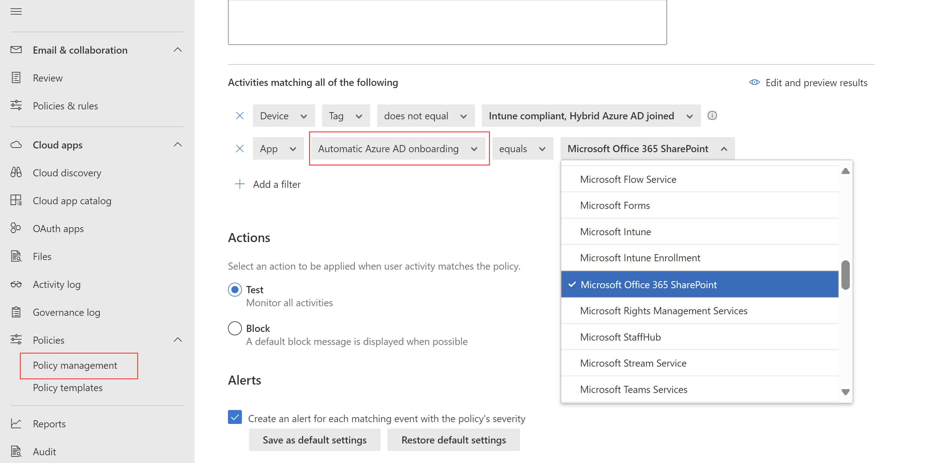 Screenshot of a sample filter when creating an access policy.