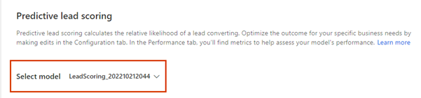 Screenshot of the Predictive lead scoring page with multiple models, with the Select model list highlighted.