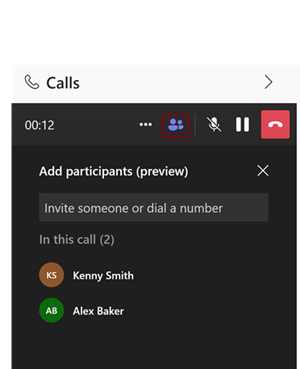 Screenshot that shows the Add people icon and the search box to add a participant to the call.