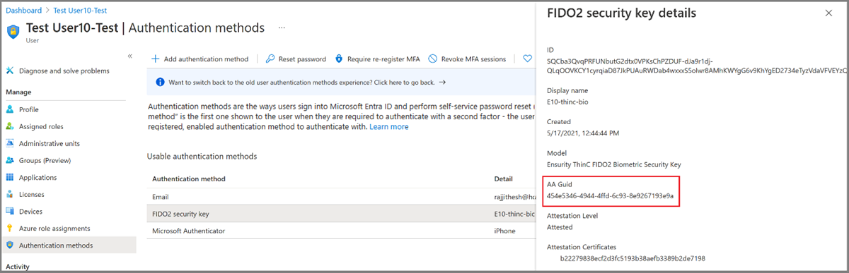 Screenshot of how to view the AAGUID for a passkey.