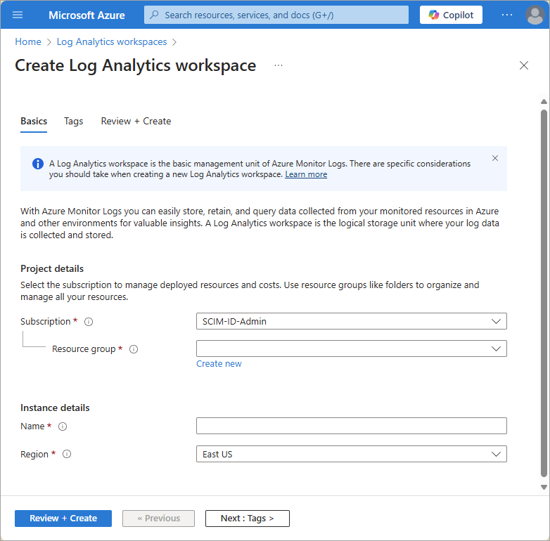 Screenshot of the details page of create new log analytics workspace.