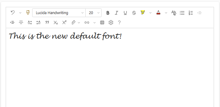 Screenshot of the rich text editor with Brush Script as the default font and a new font list.