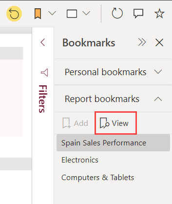 Screenshot of how to select the visual to view in the Bookmarks pane.