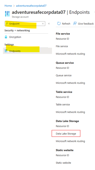 Screenshot of copying the data lake end point in the Azure portal.