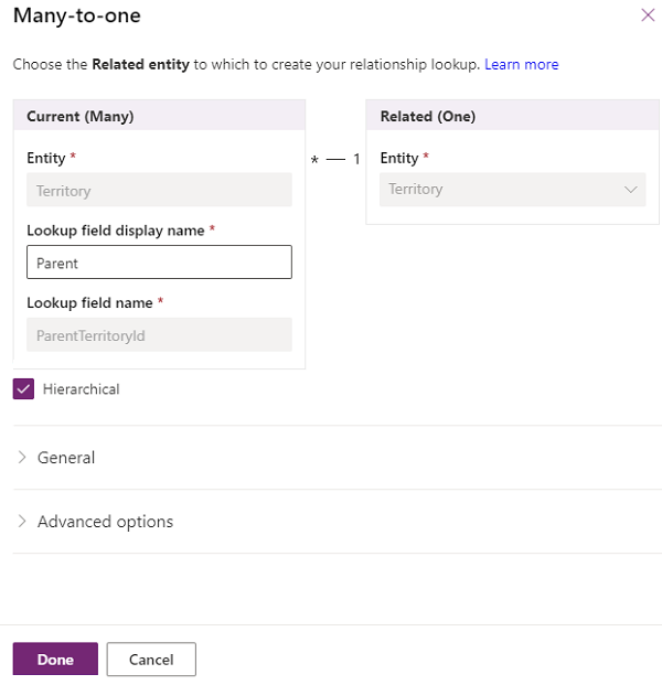 Enable the Hierarchy option in the Many-to-one dialog box.