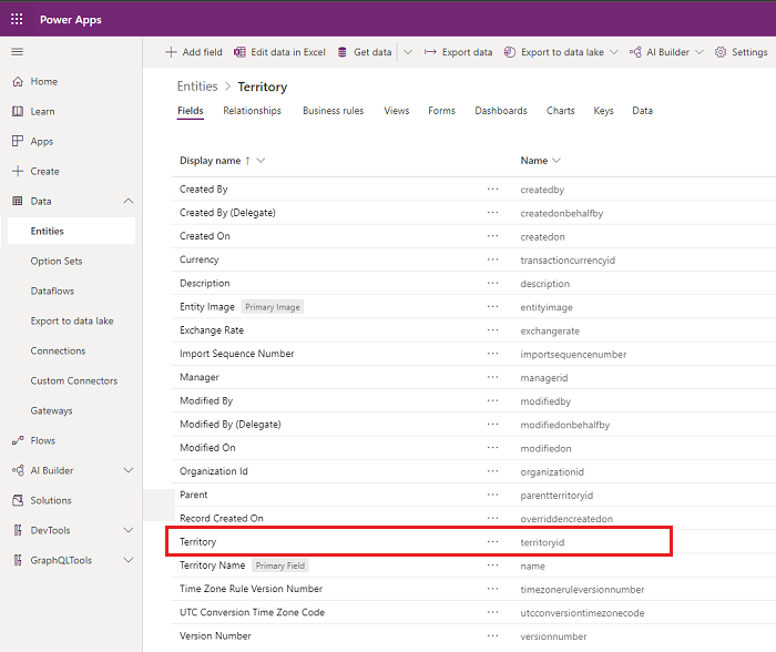 Select the territory entity in Power Apps.