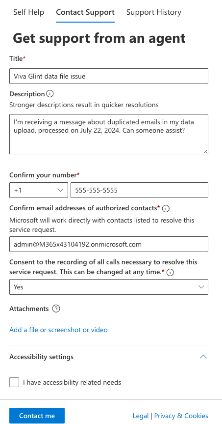 Screenshot of required fields to complete before you submit a service request.