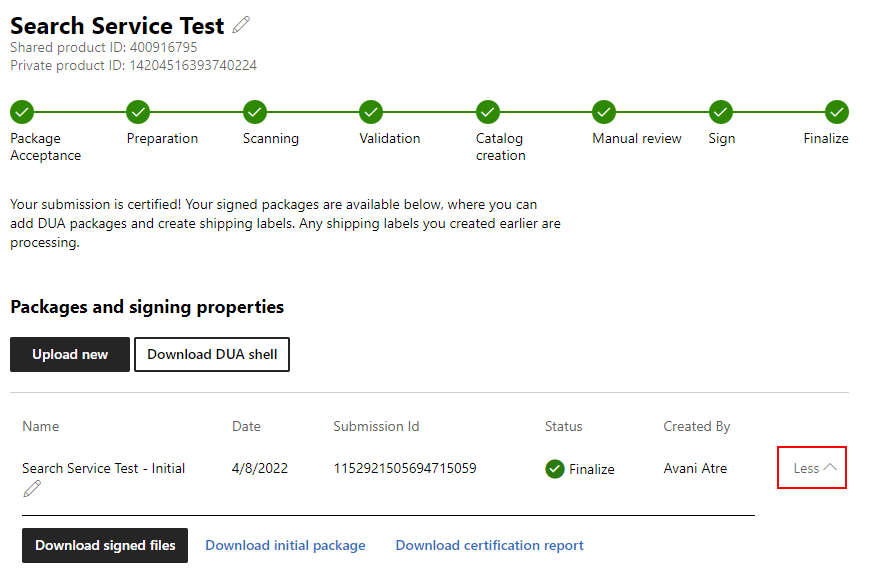 Screenshot that shows file download options for a driver submission