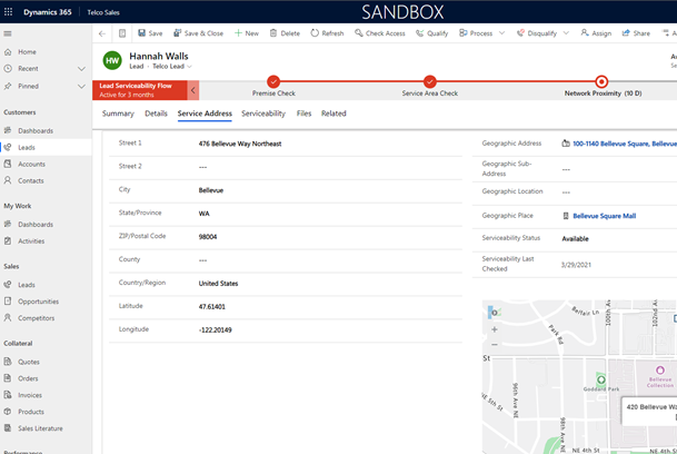 Telco lead showing service address.