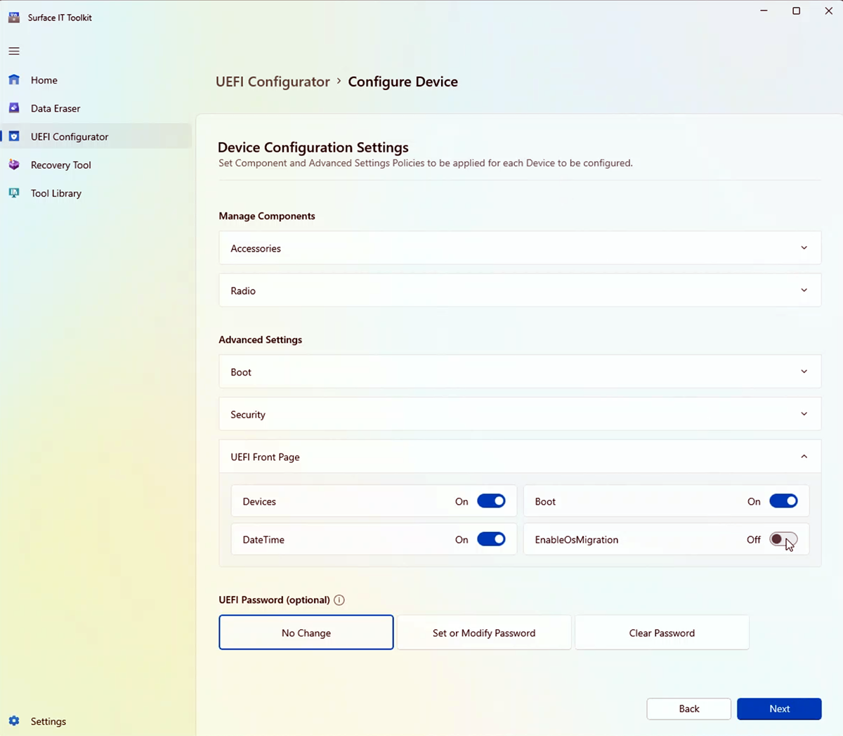 Capture d’écran montrant comment activer le paramètre UEFI de migration du système d’exploitation sur Surface Hub 2S.