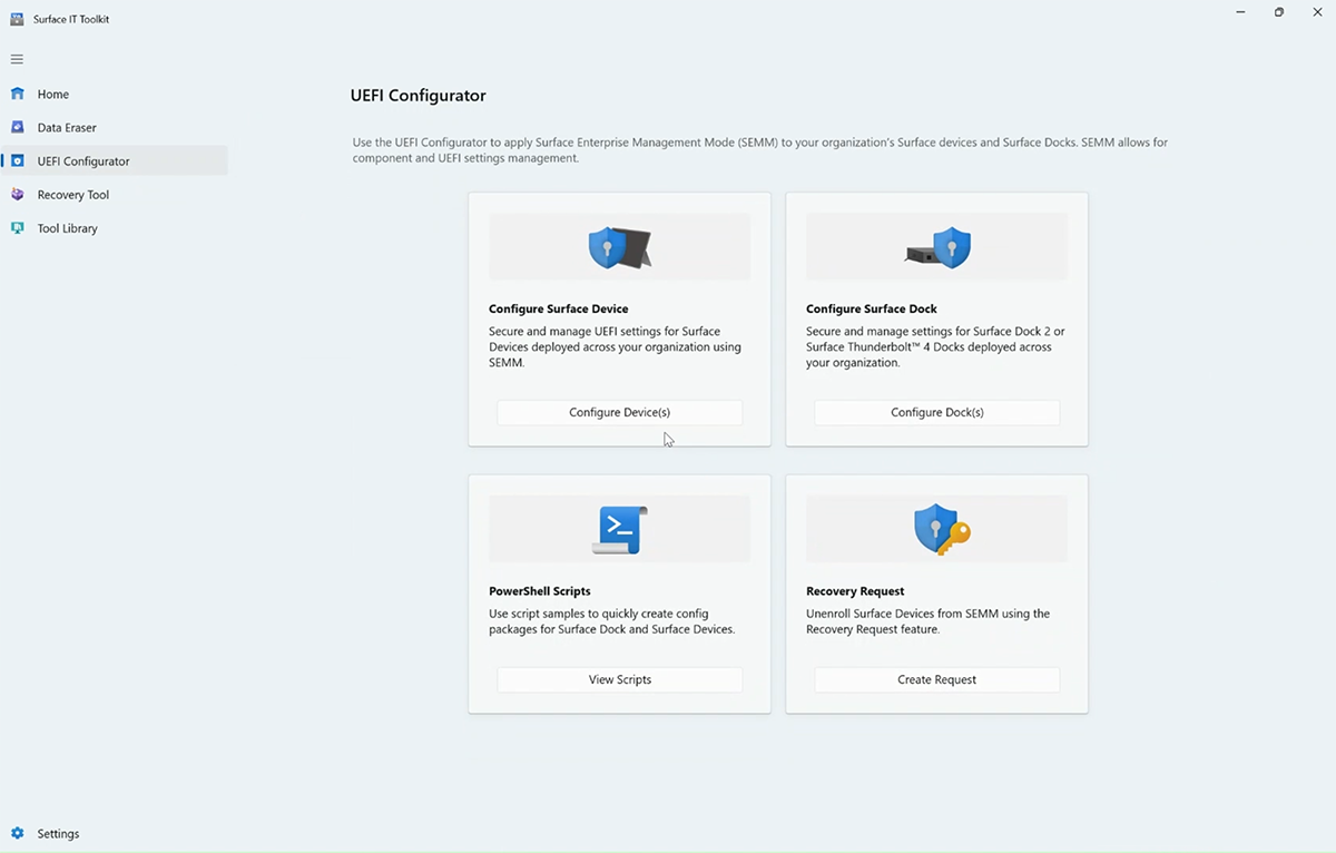 Capture d’écran de l’écran d’accueil *UEFI Configurator*.