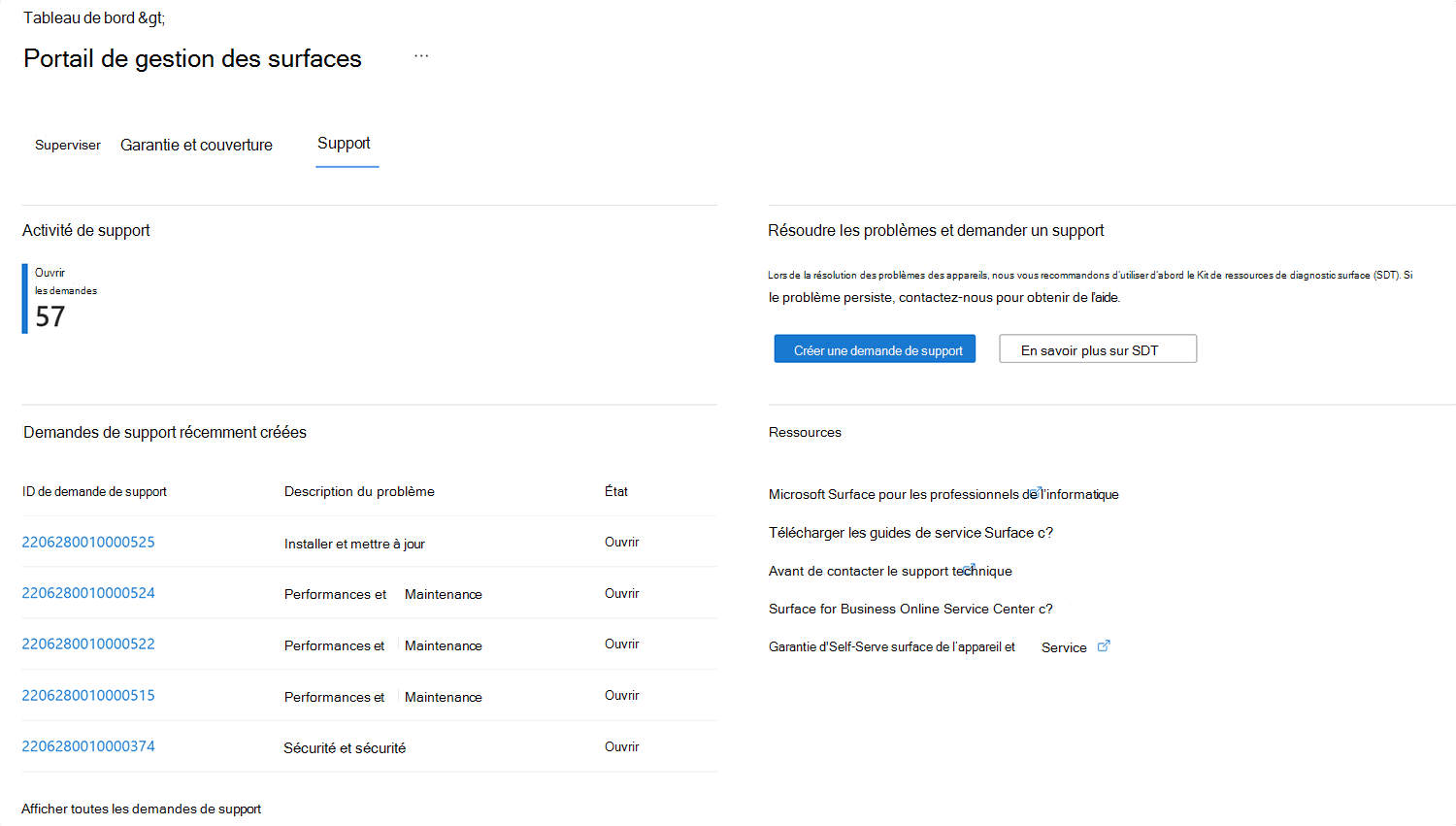 Capture d’écran montrant où envoyer une nouvelle demande de support sur le portail de gestion Surface.