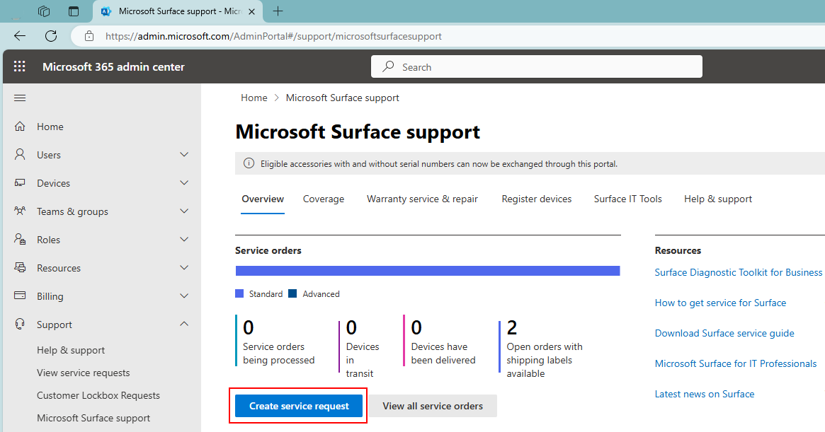 Capture d’écran de Centre d’administration Microsoft 365 montrant la fonctionnalité Nouvelle demande de réparation.