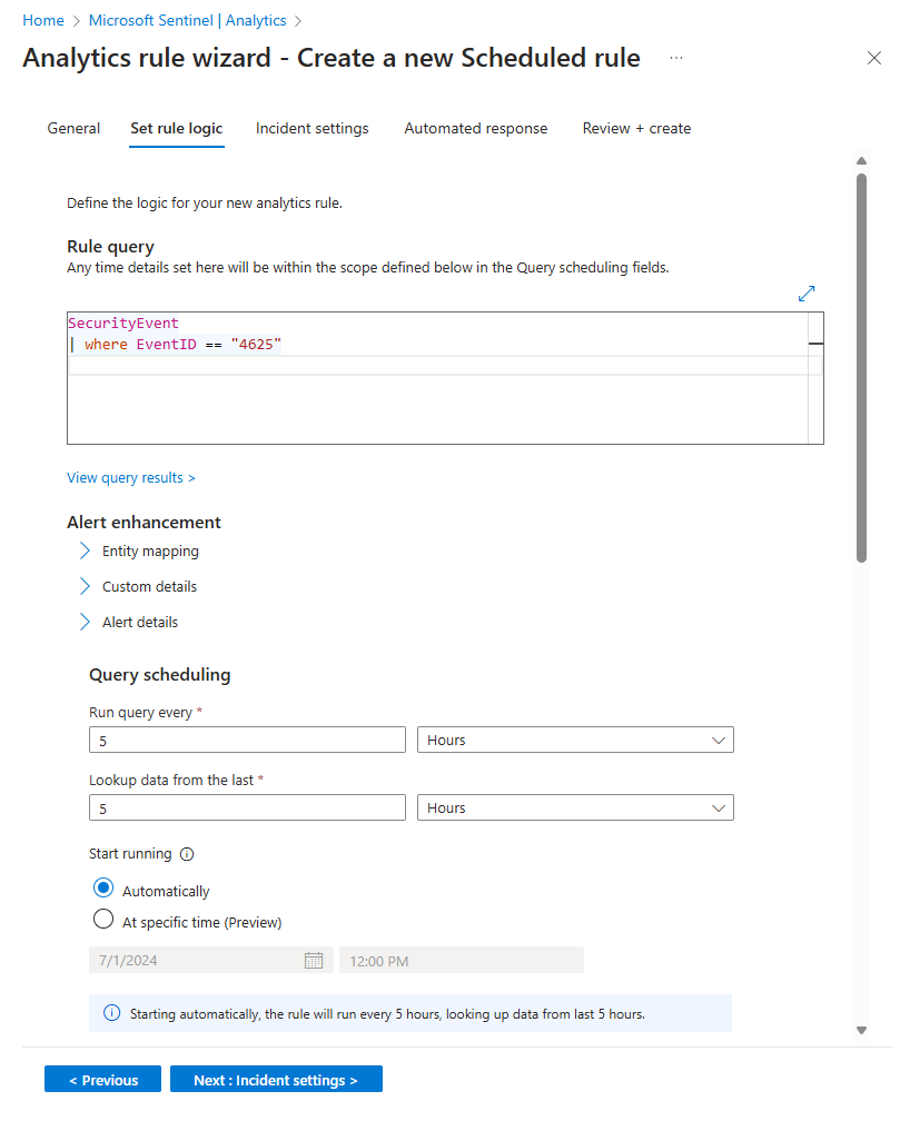 Capture d’écran montrant la première moitié de l’onglet Définir la logique de la règle dans l’Assistant Règle analytique du Portail Azure.