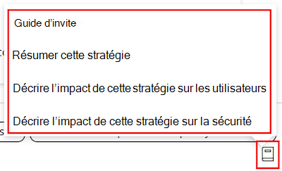 Capture d’écran montrant le guide d’invite de stratégie Copilot et une liste des invites disponibles dans le catalogue de paramètres dans Microsoft Intune et Intune centre d’administration.