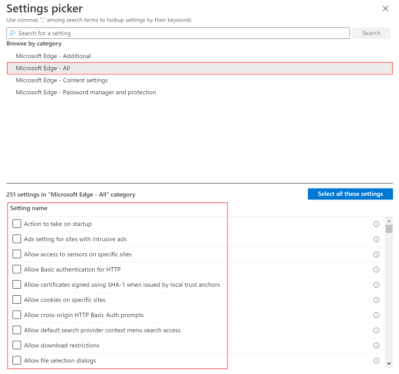 Capture d’écran montrant le catalogue de paramètres lorsque vous sélectionnez macOS et que vous sélectionnez une fonctionnalité ou une catégorie dans Microsoft Intune et Intune centre d’administration.