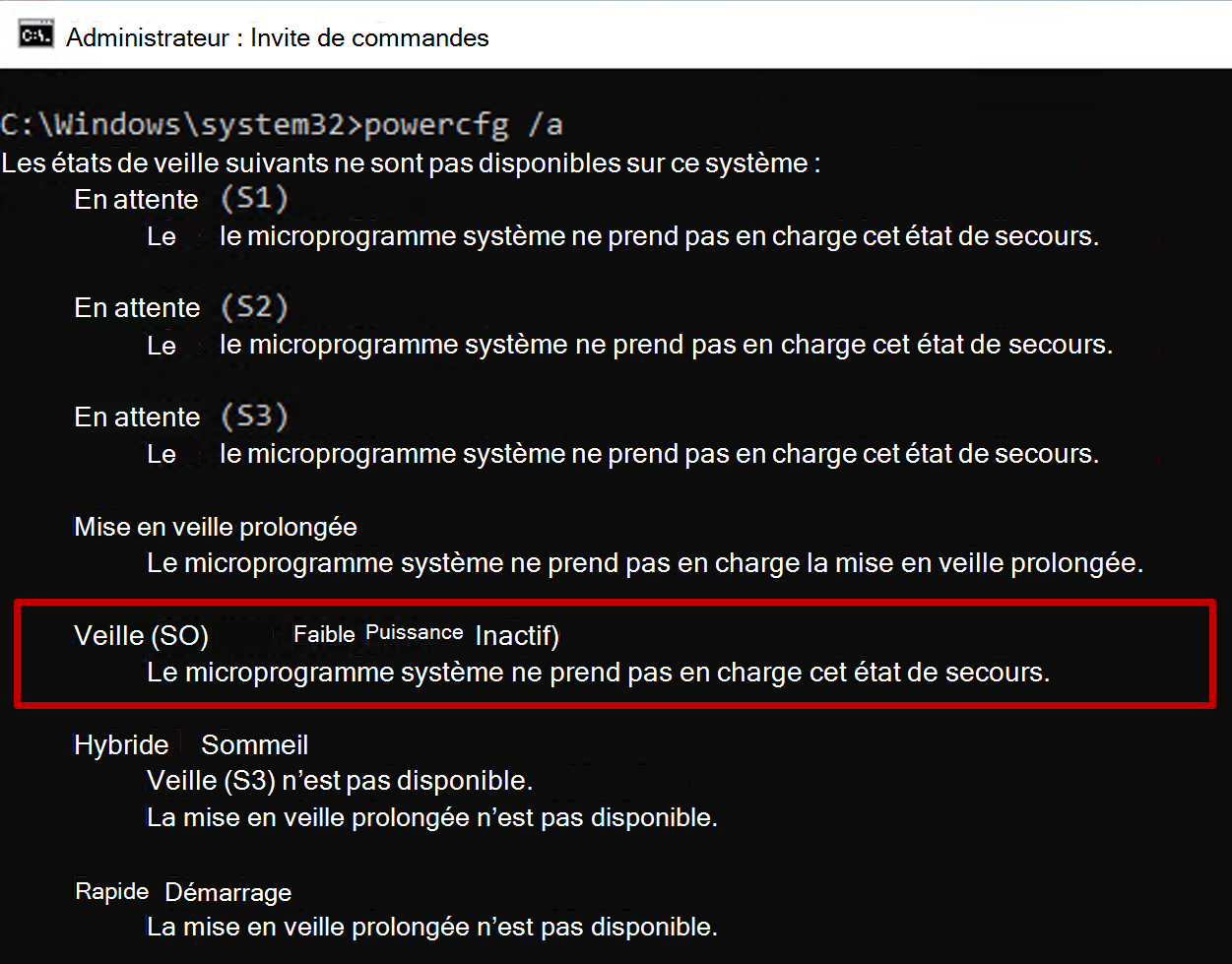Capture d’écran de l’invite de commandes affichant la sortie de la commande powercfg avec l’état de veille S0 indisponible.