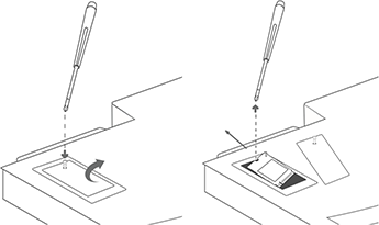 Capture d’écran montrant la suppression de la vis de couvercle et du couvercle de la cartouche de calcul et la suppression du disque SSD(Solid State Drive).