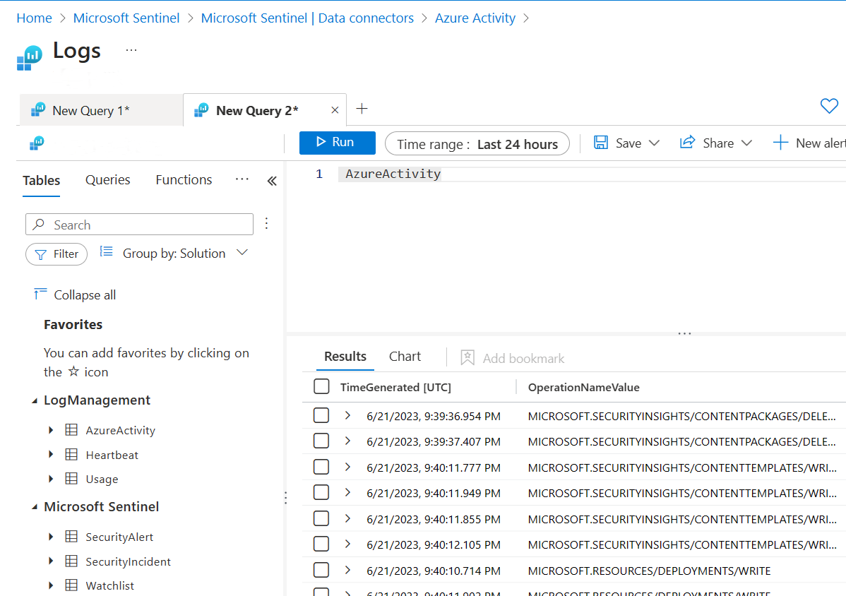 Képernyőkép a napló lekérdezési ablakáról az Azure Activity-lekérdezéshez visszaadott eredményekkel.