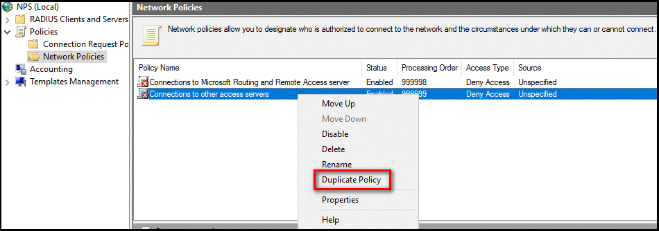 Menduplikasi sambungan ke kebijakan server akses lainnya