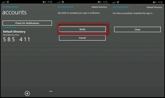 Contoh aplikasi Windows Phone Authenticator yang memperlihatkan verifikasi