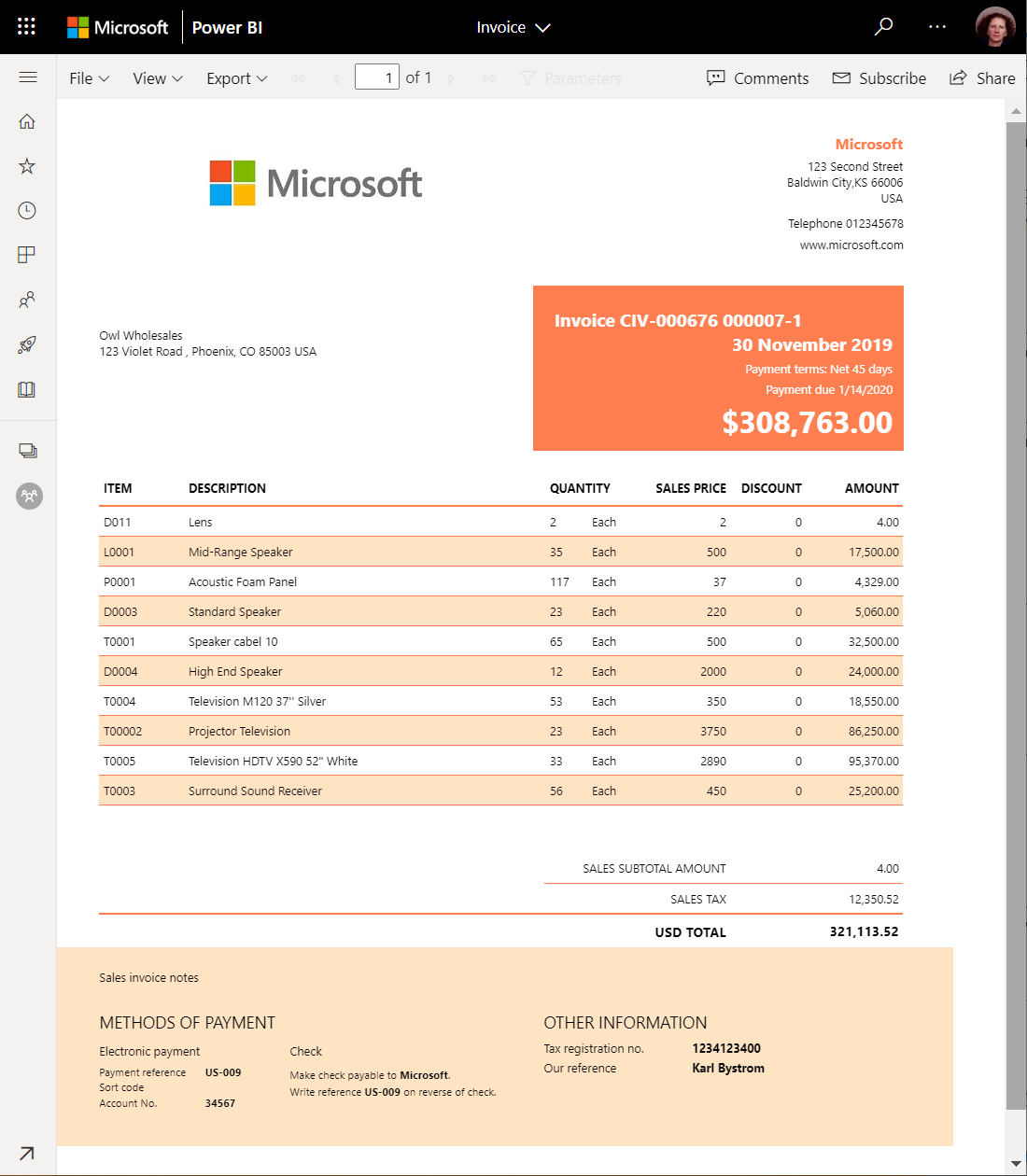 Skjermbilde av paginert rapport i Power Bi-tjeneste.