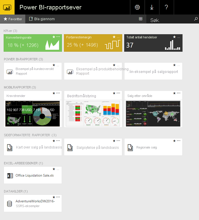 Skjermbilde som viser nettportalen for Rapportserver for Power B I.