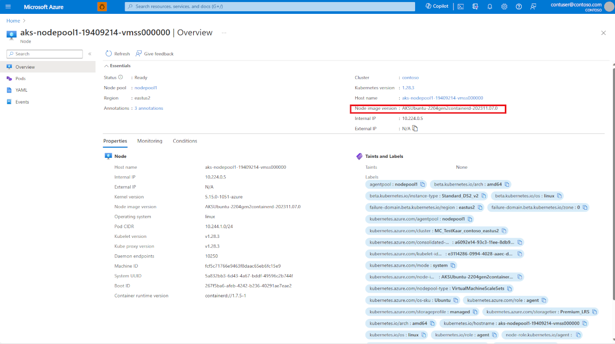 Uma captura de tela da página de nós de um cluster do AKS no portal do Azure. O rótulo da versão da imagem do nó mostra claramente a imagem do nó base e a data de patch de segurança aplicada mais recente.