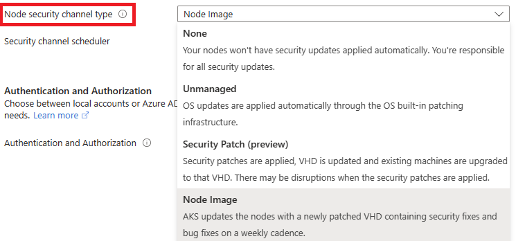 Uma captura de tela do portal do Azure mostrando a opção de tipo de canal de segurança do nó na página de Configuração de cluster de um cluster do AKS existente.