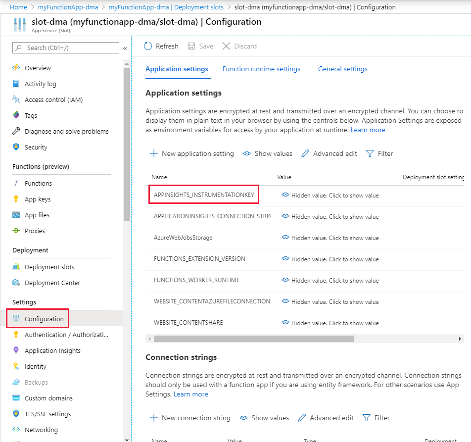 Defina a configuração de aplicativo para um slot no portal do Azure.