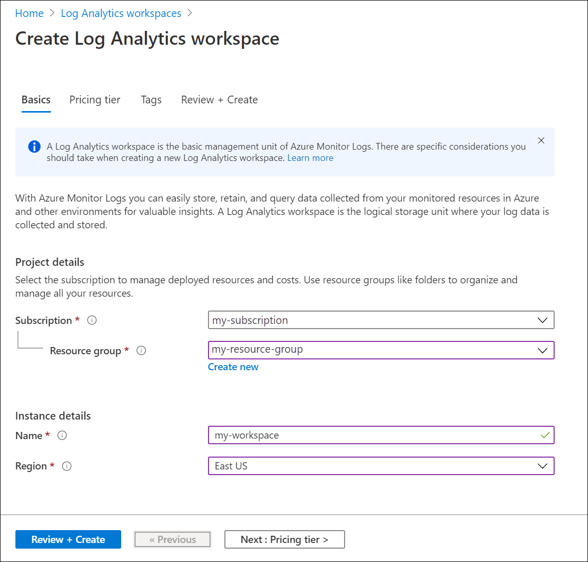 Captura de tela que mostra as caixas que precisam ser preenchidas na guia Básico da tela Criar workspace do Log Analytics.