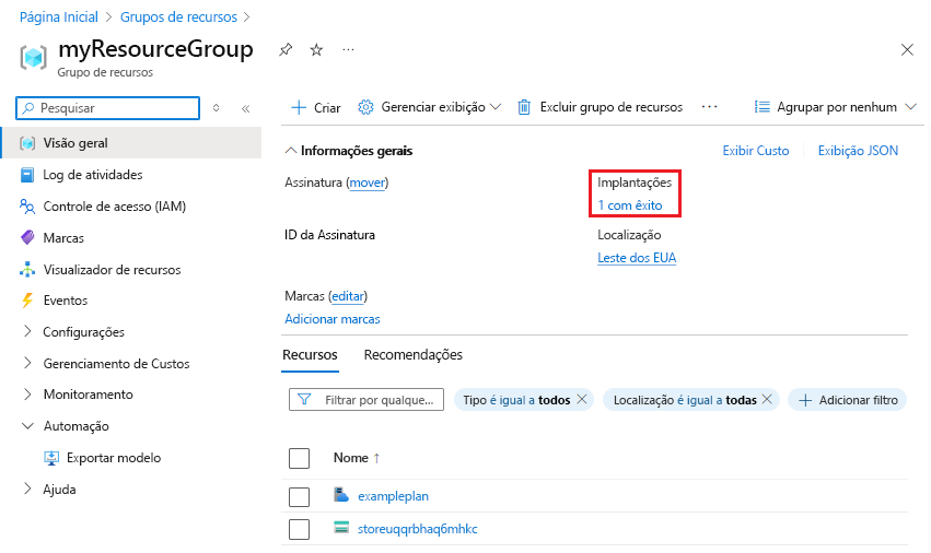 Captura de tela da seleção do histórico de implantação no portal do Azure.