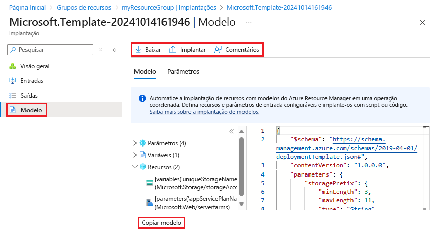 Captura de tela da seleção do modelo usado para uma implantação específica no portal do Azure.