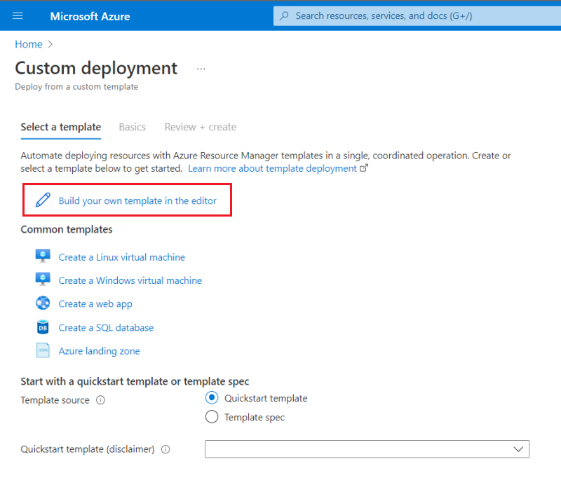 Captura de tela da opção de criar seu próprio modelo no portal do Azure.