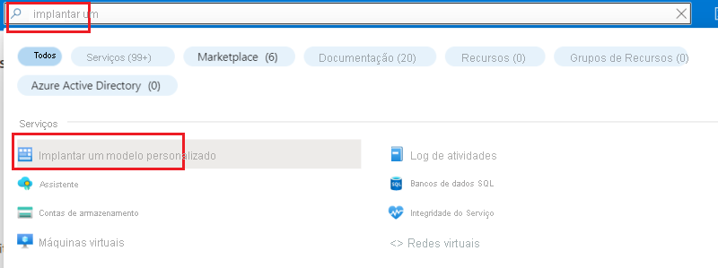 Captura de tela da pesquisa de modelo personalizado no portal do Azure.