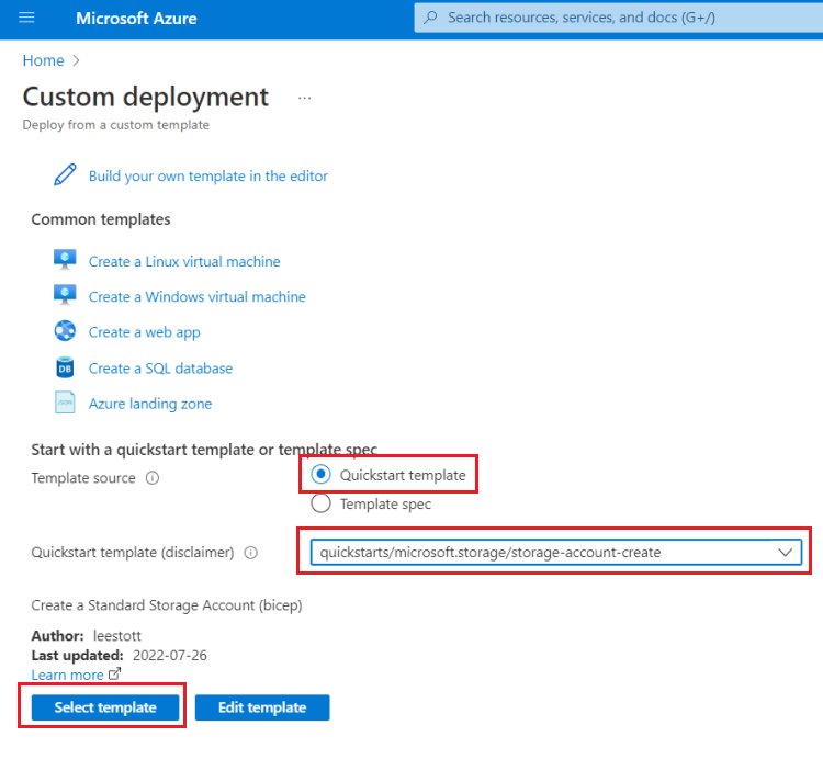 Captura de tela da seleção de um Modelo de Início Rápido no portal do Azure.