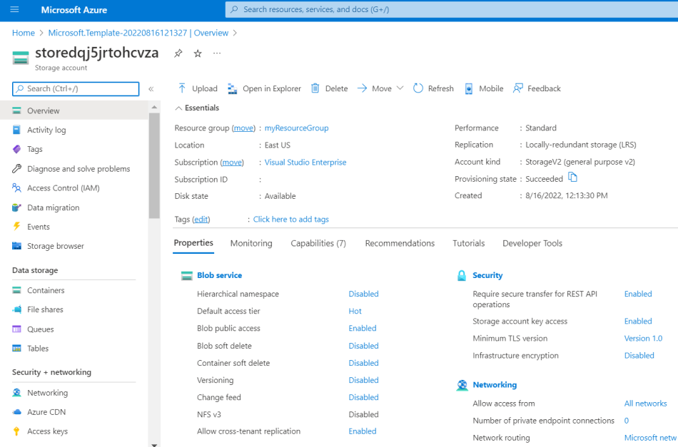 Captura de tela da página de implantação de exibição com conta de armazenamento no portal do Azure.