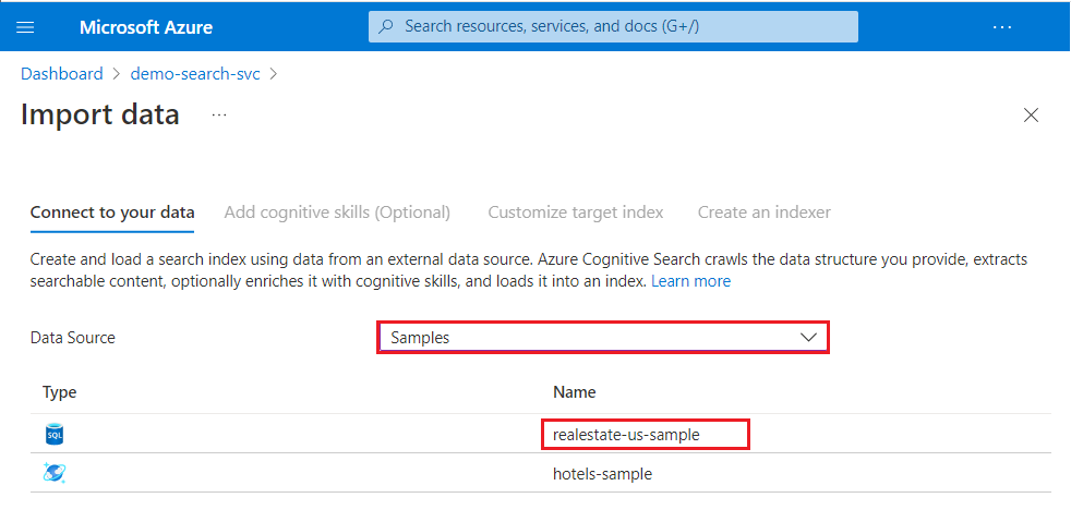 Captura de tela dos conjuntos de dados de exemplo disponíveis no assistente de importação de dados.