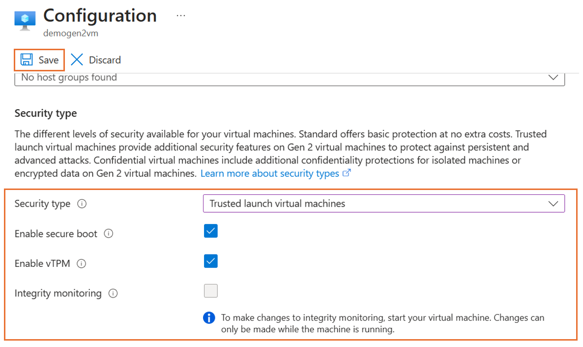 Captura de tela que mostra as configurações de Inicialização Segura e vTPM.